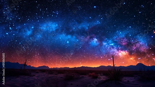 Experience a starry night in the desert  with a clear  expansive sky above and the silhouette of cacti and sand dunes below.