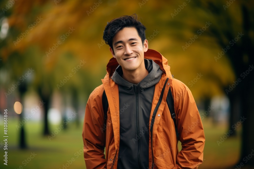 Portrait of a smiling asian man in his 20s dressed in a water-resistant gilet in vibrant city park Portrait of a smiling asian man in his 20s dressed in a water-resistant gilet in vibrant city park