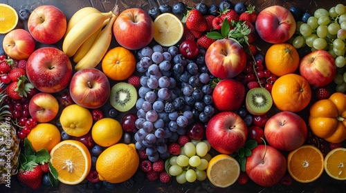 A colorful assortment of fruits including apples  oranges  bananas  and grapes