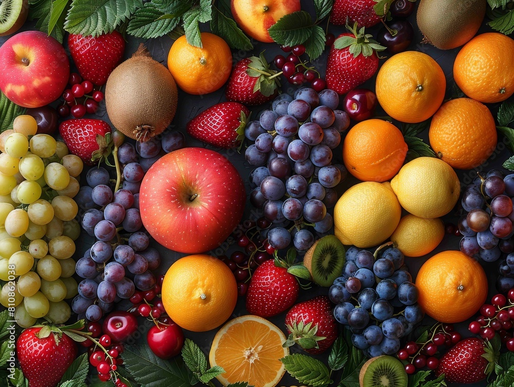 A colorful assortment of fruits including apples, oranges, bananas, and grapes