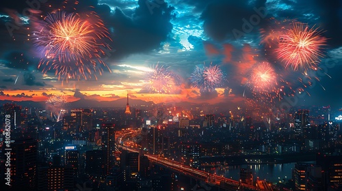 Experience the excitement of a vibrant cityscape lit up with dazzling fireworks.