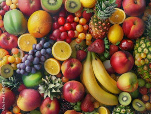 A colorful assortment of fruits including apples  oranges  bananas  and grapes