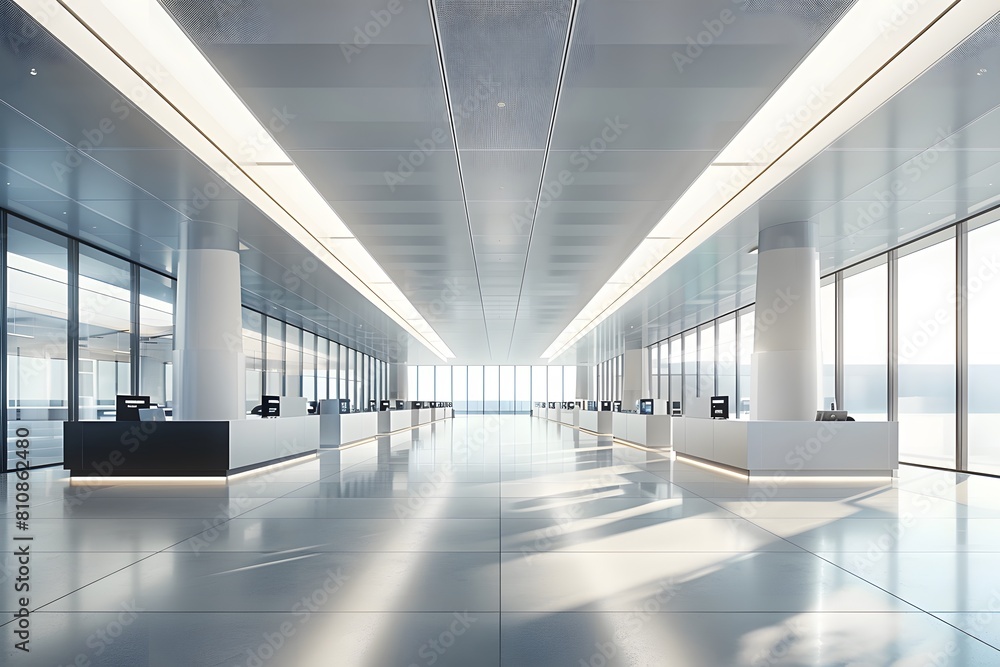 A long corridor illuminated by numerous windows with a desk A long corridor illuminated by numerous windows with a desk