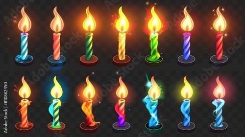 The flames from burning candles for a birthday cake set are isolated on black and transparent backgrounds. Colorful decorative elements with flames glowing in the darkness. Realistic 3D modern photo