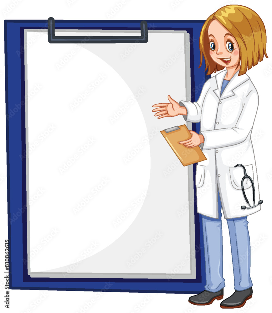 Cartoon doctor with clipboard and welcoming smile Cartoon doctor with clipboard and welcoming smile