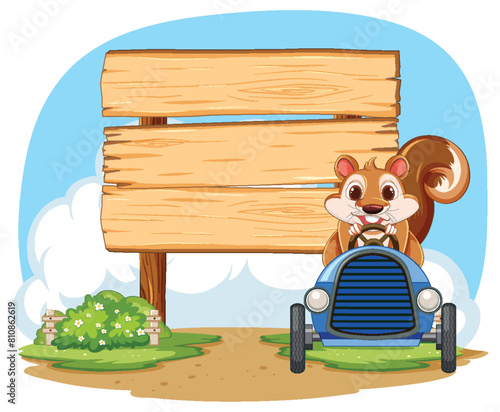 Cartoon squirrel driving a blue car near a sign