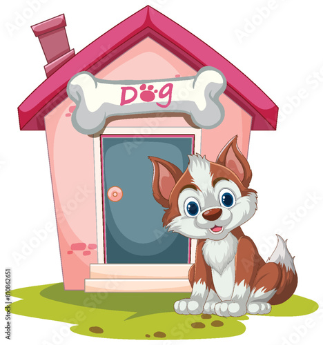 Cheerful puppy sitting by its colorful doghouse