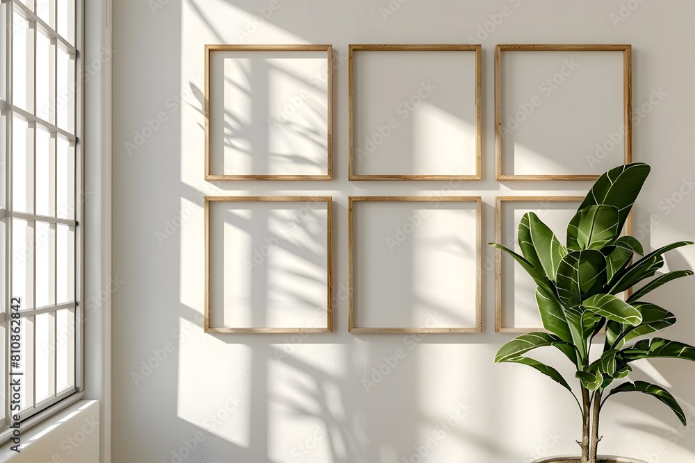 Six Empty Light Brown Picture Frames Hanging on a White Wall with a Potted Plant Nearby in a Modern Six Empty Light Brown Picture Frames Hanging on a White Wall with a Potted Plant Nearby in a Modern