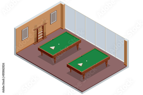 Isometric blue pool in luxury recreation room. Billiard table with green surface and balls in the billiard club.Pool Game. Snooker billiard