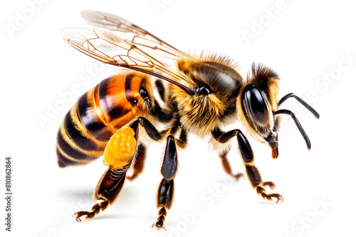 Close-up of a honey bee with A pollen pellet on its hind leg, suitable for wildlife campaigns and ecological awareness materials