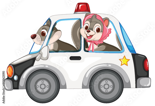Two cartoon squirrels in a police vehicle