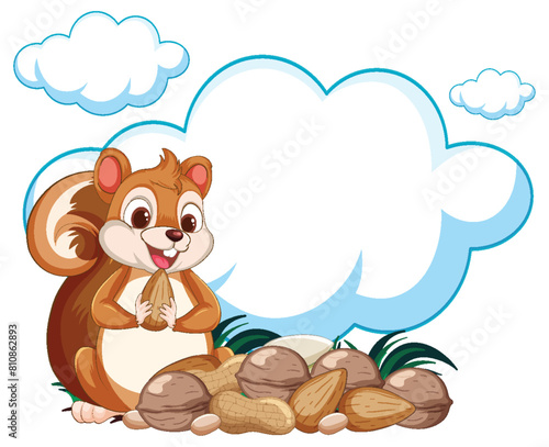 Cartoon squirrel sitting with nuts, happy expression