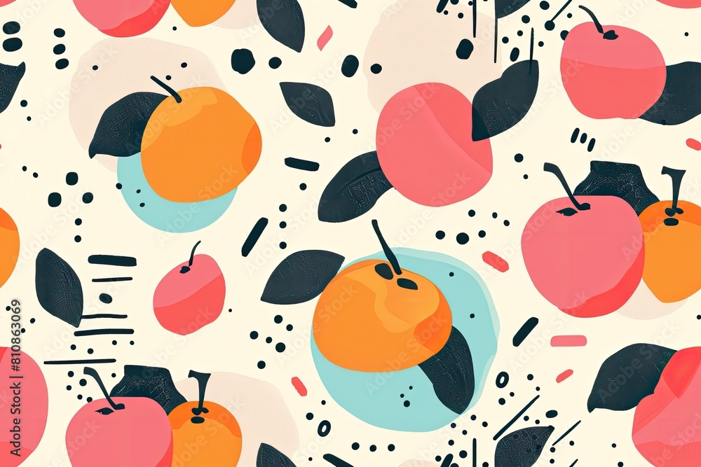 Seamless pattern with vibrant 1980s American and world fashion designs, lots of colorful fruits and leaves, ideal for fabric prints or wallpaper, the essence of the era's bold and eclectic style Seamless pattern with vibrant 1980s American and world fashion designs, lots of colorful fruits and leaves, ideal for fabric prints or wallpaper, the essence of the era's bold and eclectic style