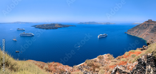 Santorini caldera view with cruise ships, Greece. photo