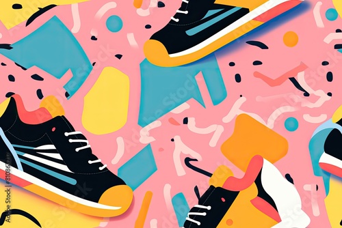 Bright seamless retro pattern with iconic stylish sneakers on a soft pink background, abstract geometric shapes, bright pastel colors, American and world fashion of the 1980s
