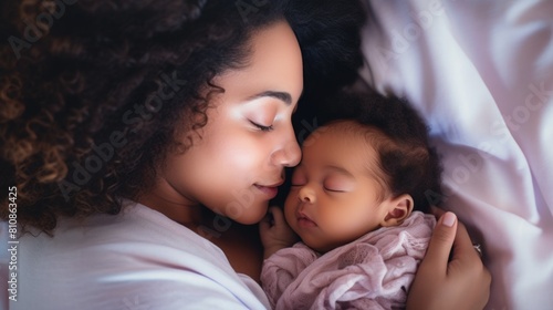 Closeup portrait of young African American girl kiss healthy newborn baby sleep in bed. mothers Day. mom and daughter © Svetlana