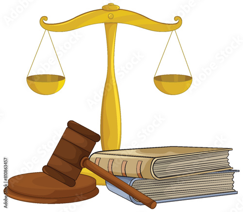 Illustration of legal scales, gavel, and books