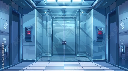 In an office building  a glass elevator cabin is empty and transparent  with clear walls  floors  and closed doors.