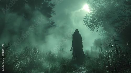 Immerse yourself in a haunting forest at midnight, where the Grim Reaper walks slowly, his scythe brushing against the underbrush. photo