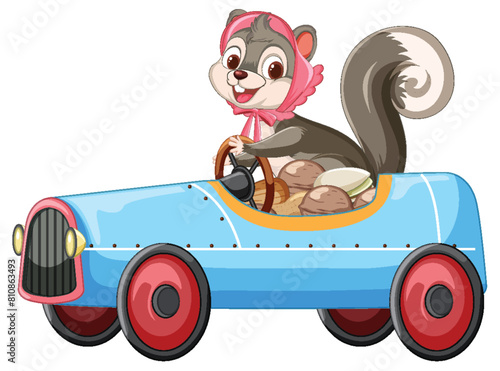 Cartoon squirrel driving a colorful toy car