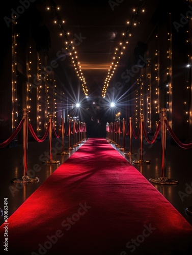Red carpet in the light of golden spotlights. award and VIP party. velvet carpet. award and victory in cinema or music