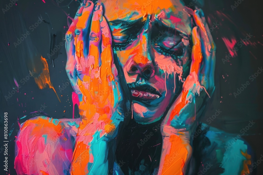 A painting of a woman hiding her face, suitable for emotional concepts