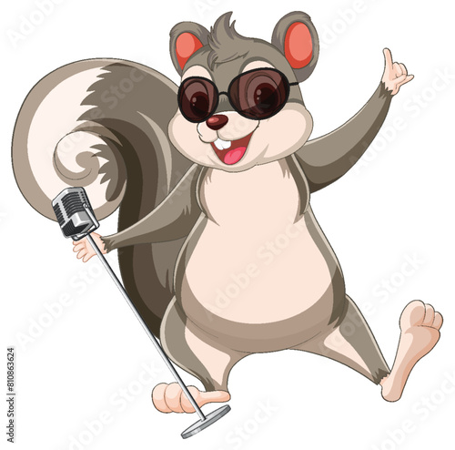 Cartoon squirrel singing happily with a microphone