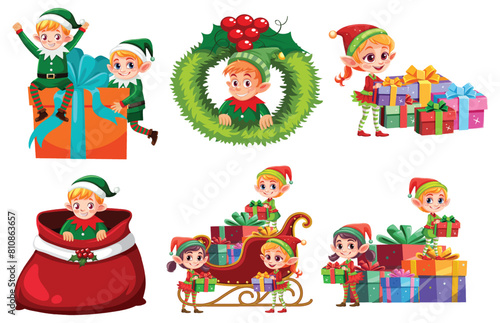 Colorful illustrations of elves with Christmas gifts and decorations