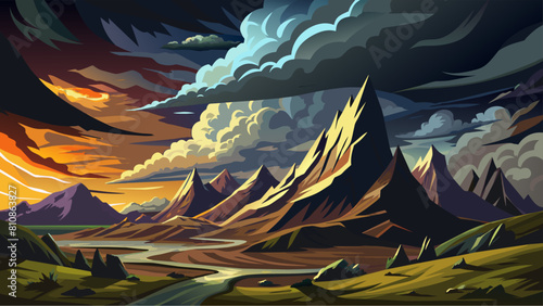 A mountain range with a river running through it. The sky is dark and cloudy, and the sun is setting