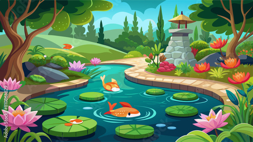 A cartoon drawing of a pond with two fish swimming in it. The pond is surrounded by trees and flowers, creating a peaceful and serene atmosphere