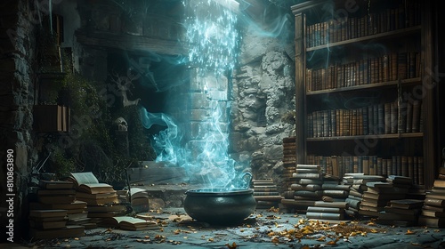 Inside a witch's dimly lit cabin filled with bubbling potions and ancient spell books. photo