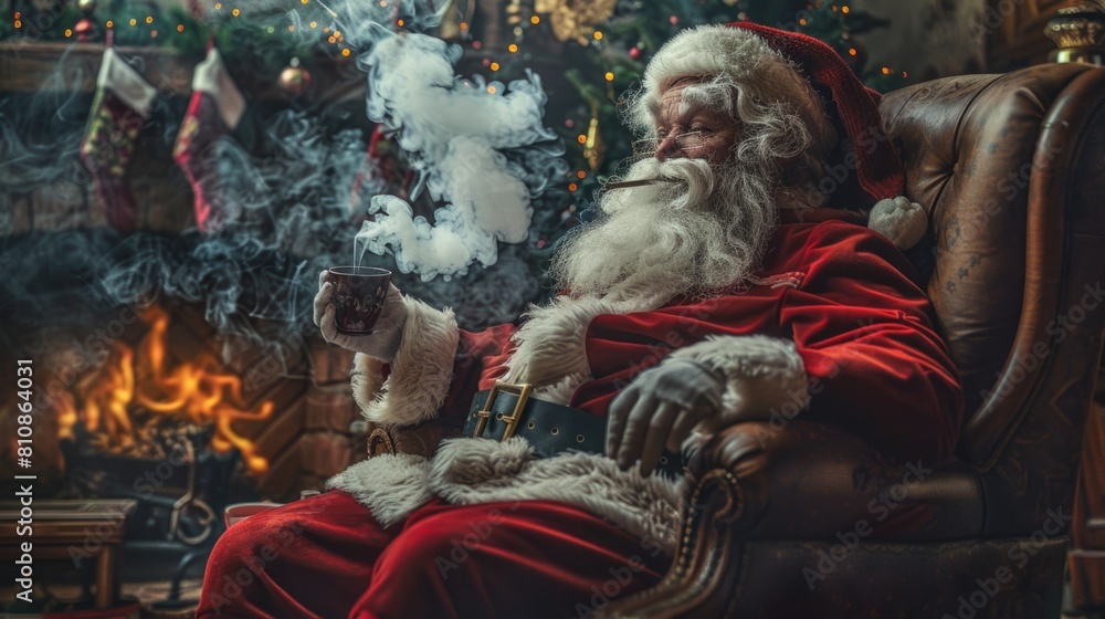 Santa Claus sitting in a chair smoking a cigarette, suitable for holiday concepts