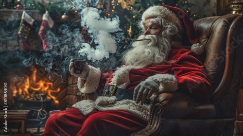 Santa Claus sitting in a chair smoking a cigarette, suitable for holiday concepts © Fotograf