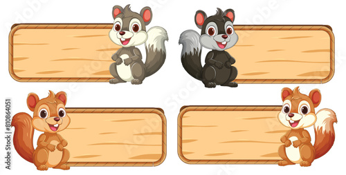 Four squirrels posing with blank wooden signs