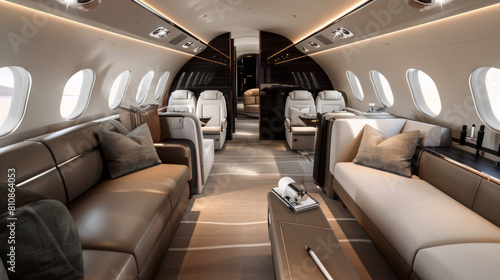 Inside view of a luxury private jet featuring plush seating, elegant decor, and ambient lighting for an exclusive travel experience. 