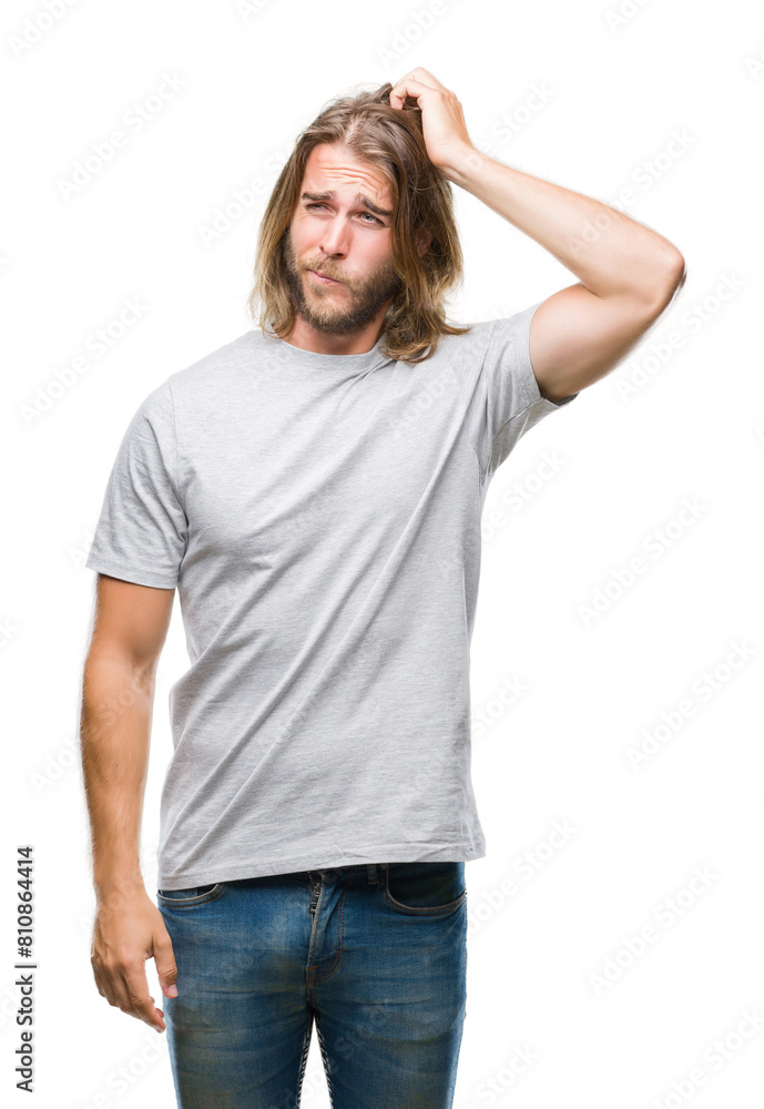 Young handsome man with long hair over isolated background confuse and wonder about question. Uncertain with doubt, thinking with hand on head. Pensive concept. Young handsome man with long hair over isolated background confuse and wonder about question. Uncertain with doubt, thinking with hand on head. Pensive concept.