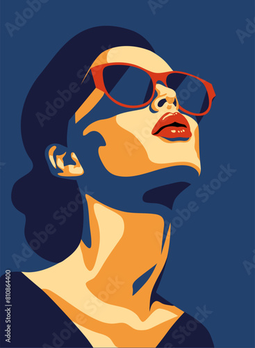 Fashionable girl. Young beautiful fashion woman with sunglasses Abstract female portrait, contemporary design, vector illustration drawing in five colors