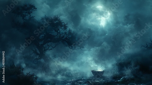 Observe a moonlit night where a solitary cauldron bubbles amidst twisted trees.