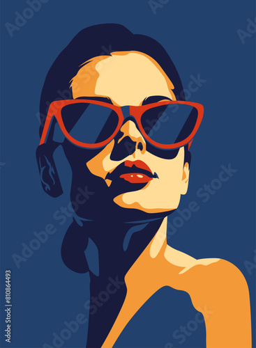 Fashionable girl. Young beautiful fashion woman with sunglasses Abstract female portrait, contemporary design, vector illustration drawing in five colors