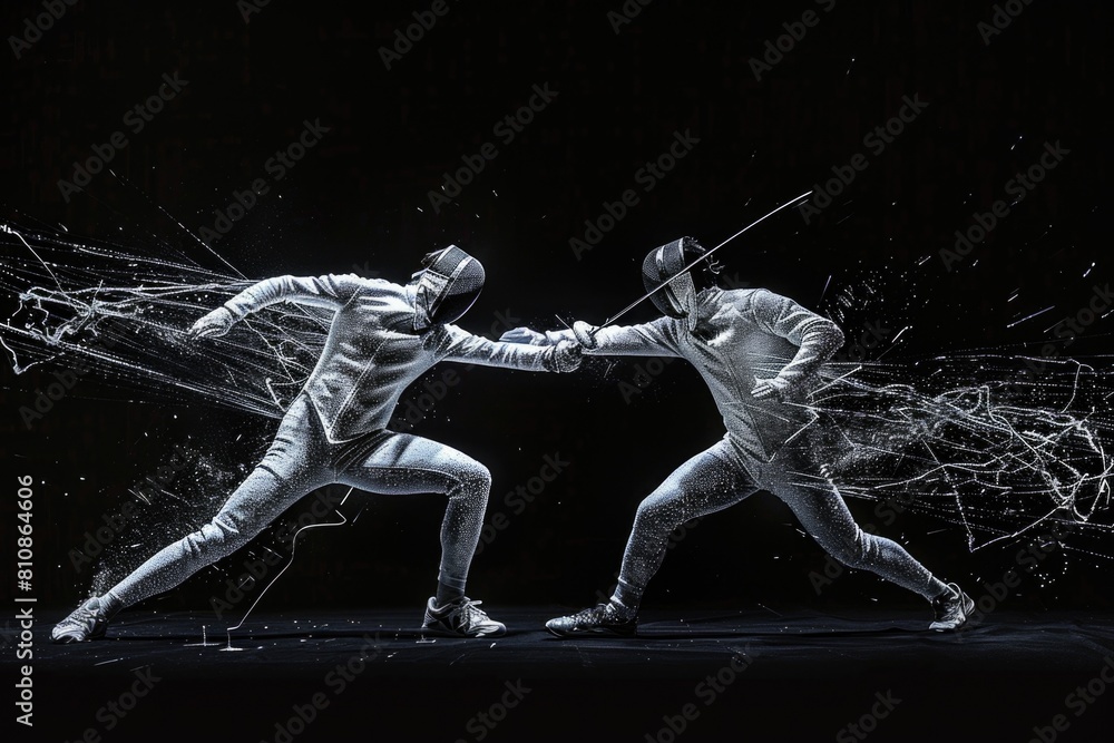 Two men in fencing suits engaged in a fierce battle. Suitable for sports or competition concepts Two men in fencing suits engaged in a fierce battle. Suitable for sports or competition concepts