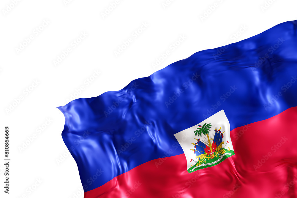 Fototapeta premium Realistic flag of Haiti with folds, on transparent background. Footer, corner design element. Cut out. Perfect for patriotic themes or national event promotions. Empty, copy space. 3D render