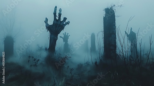 Picture a chilling scene of zombie hands clawing their way out of the earth in a misty, desolate field at dusk. photo