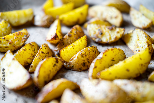 Potato wedges baked in the oven with spices , rustic potatoes at home.