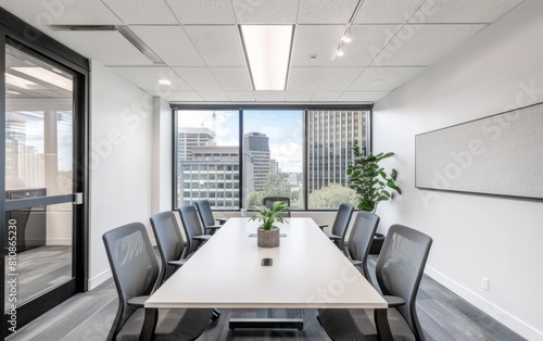A minimalist conference room with white walls, grey chairs around the table and a large window overlooking cityscape