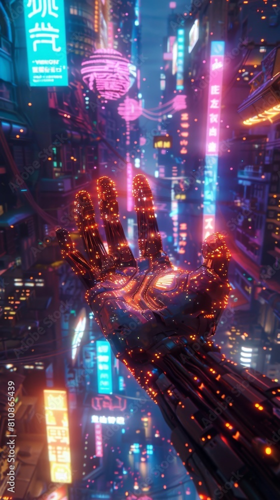 Futuristic city with neon lights and a hand reaching towards the sky. Vertical background 
