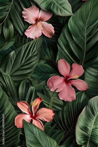 Beautiful pink flowers surrounded by vibrant green leaves  perfect for nature backgrounds