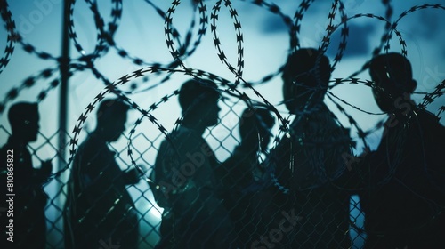 The notion of refugees is embodied by the shadowy figures of people confined behind wire fences photo