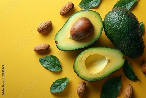 Ripe avocados cut in half and positioned alongside almonds on a sunny yellow backdrop, symbolizing healthy eating photo