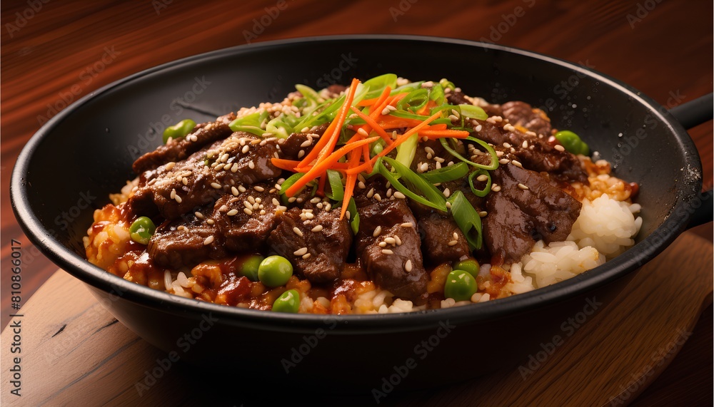 Beef Donburi, Japanese rice bowl dish topped with savory sliced beef and vegetables, cinematic food Beef Donburi, Japanese rice bowl dish topped with savory sliced beef and vegetables, cinematic food