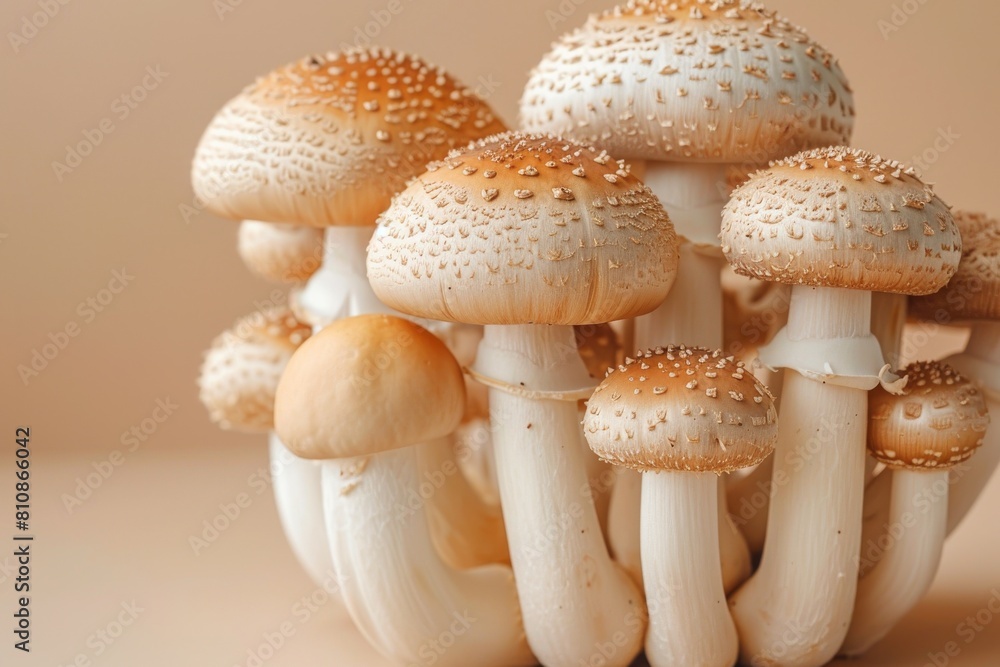 A group of fresh, white edible mushrooms with detailed caps, set against a soft background A group of fresh, white edible mushrooms with detailed caps, set against a soft background
